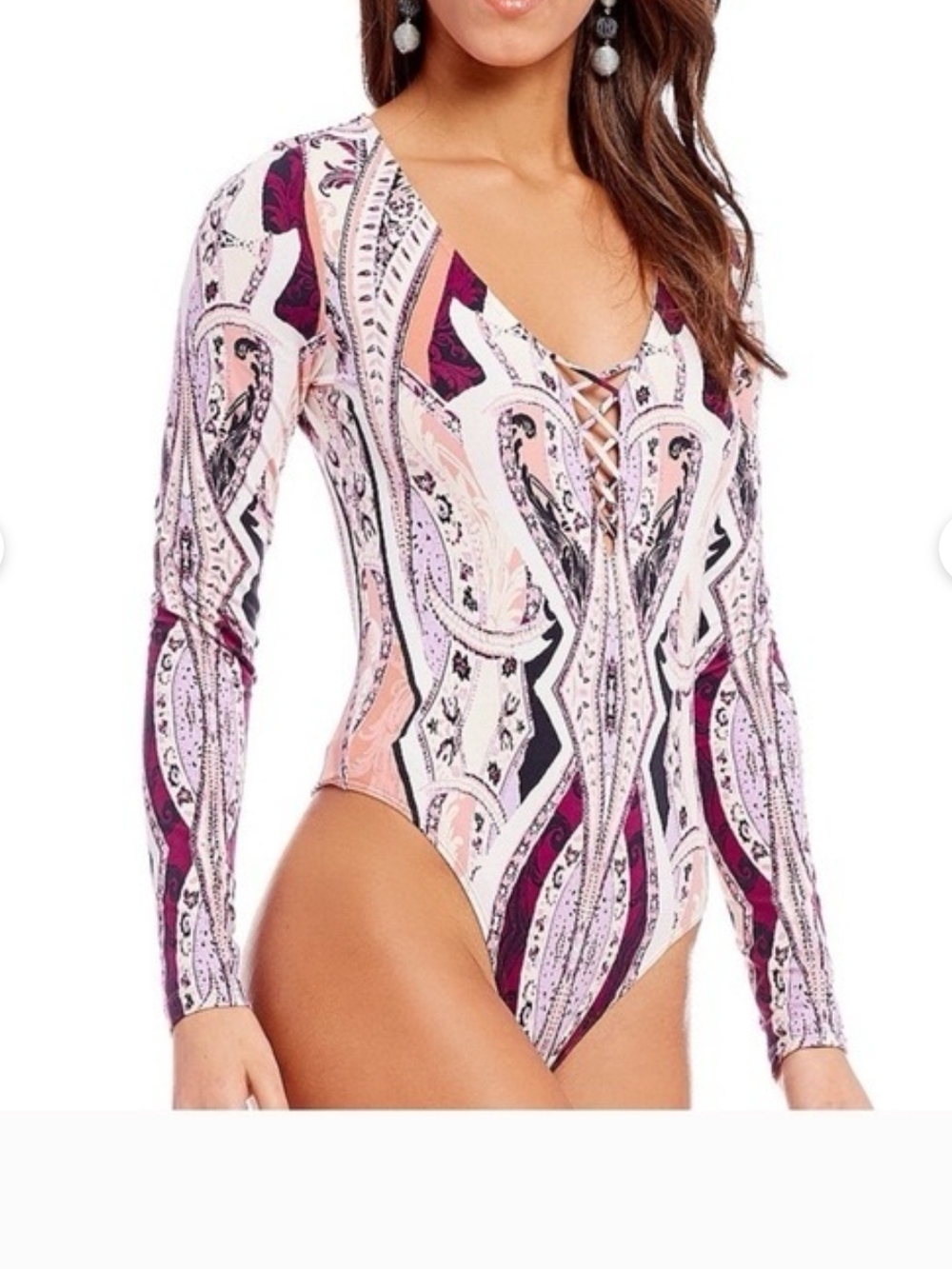 Free People Womens Pick A Place Pink Purple Paisley Lace Up Vneck Bodysuit Large